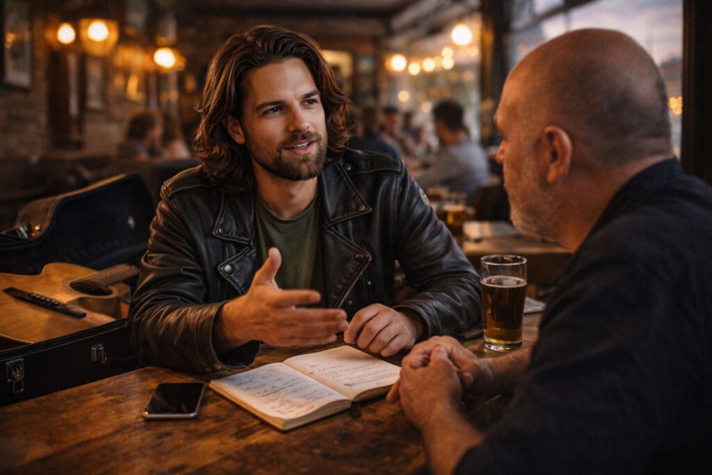 Music artist discussing gig opportunities in Ireland at a pub.