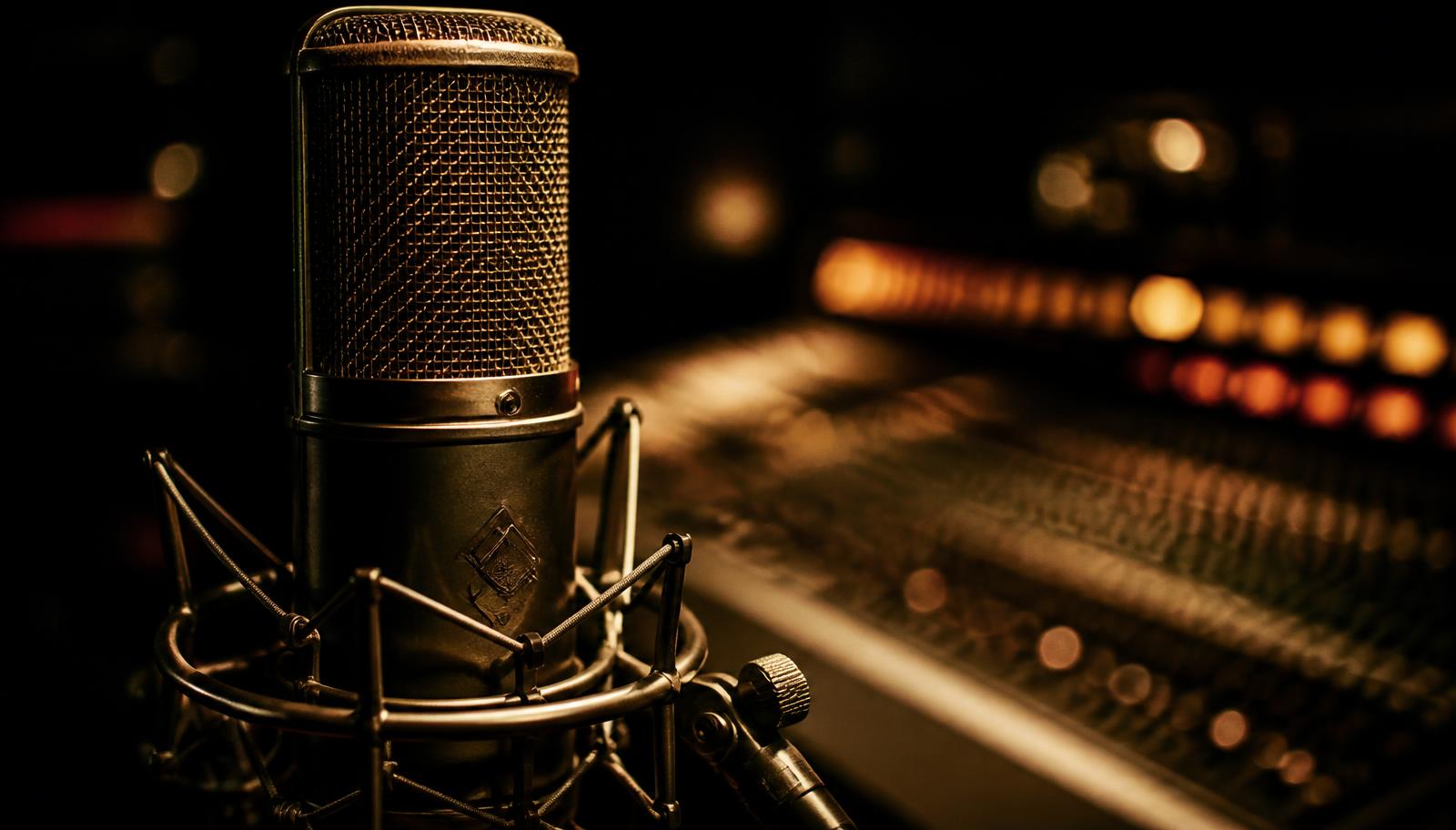 Vintage studio microphone glowing in front of a mixing desk