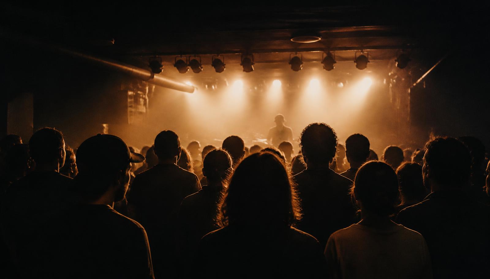 Crowd silhouetted in front of a lit stage at a small live music venue